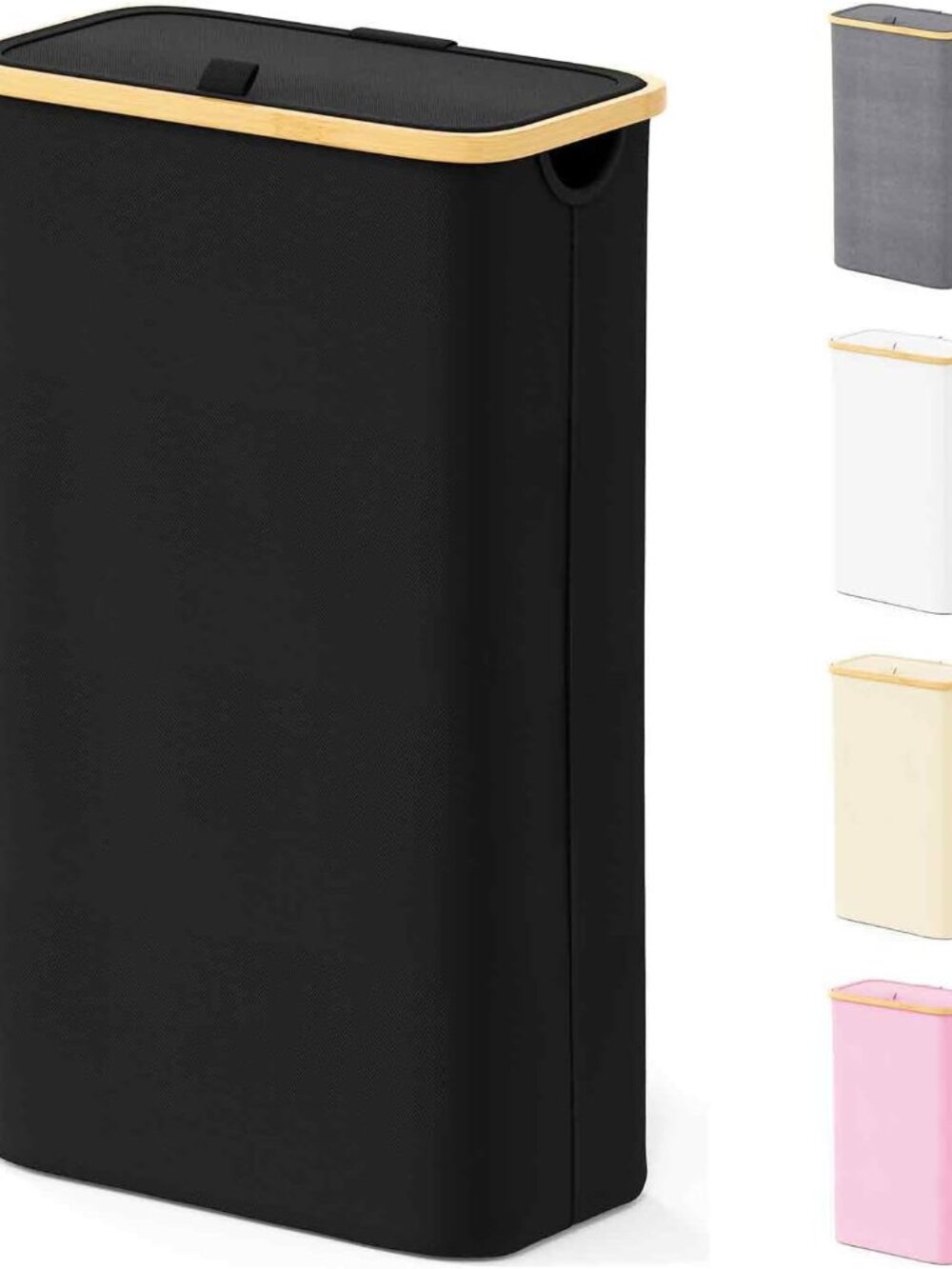Slim Laundry Hamper with Lid, 65L Narrow Clothes Basket Bin with Bamboo Handles,